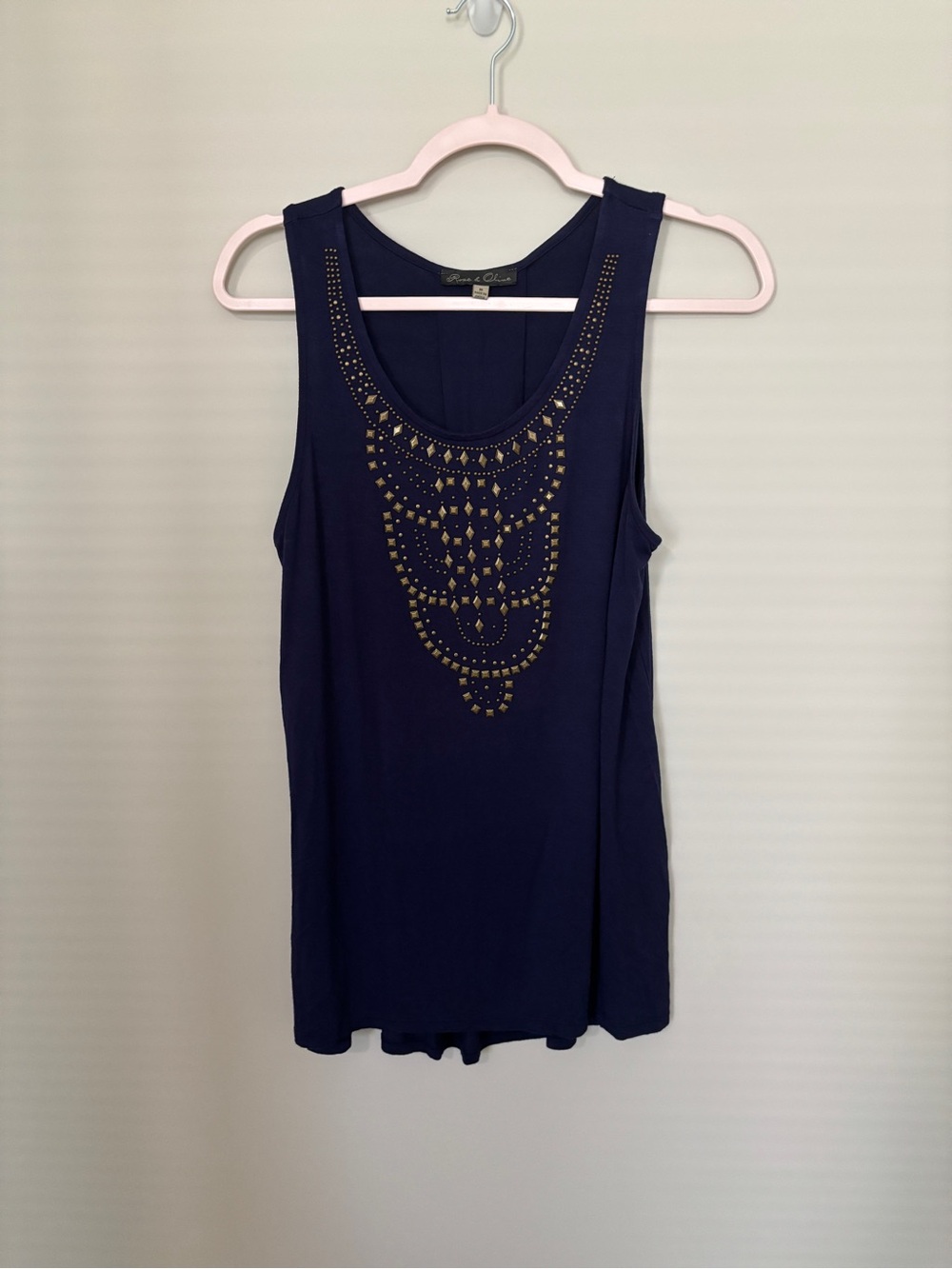 Rose & Olive Navy Tank with Gold Stud Detail NWOT - PTP 18”-20” Length 28”